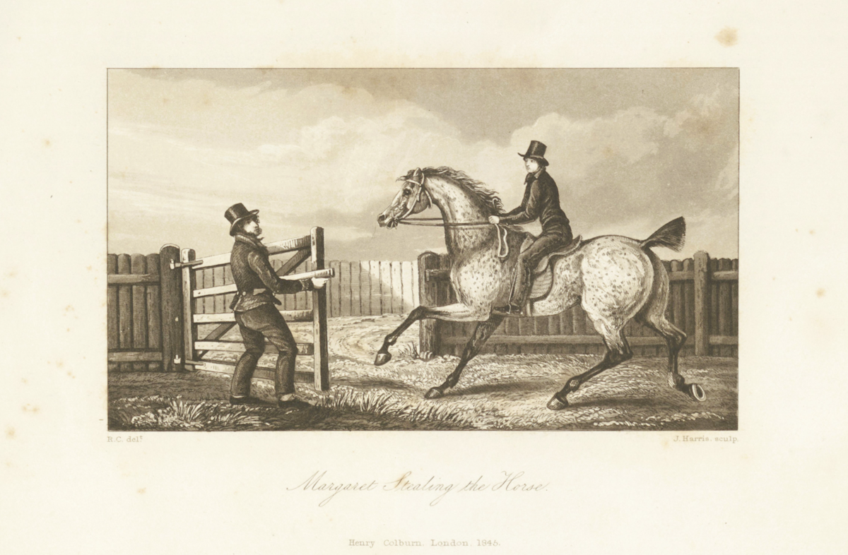 Drawing of Margaret Catchpole stealing a horse